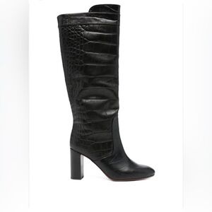 Chie Mihara leather Black Croc-Embossed Knee high Block Heel Boots